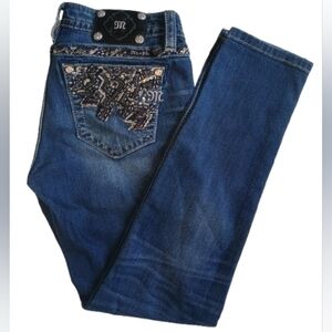 Miss Me Signature Skinny Jeans Stretch  Bling Sequin Embroidered Dark Wash Sz:29